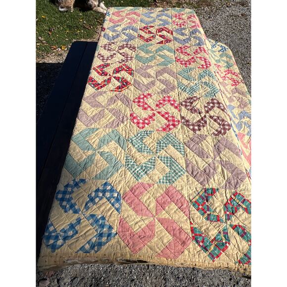 Vintage Crazy Ann Pinwheel Quilt 72x88 Gingham Cottage Farmhouse Grandmillenial - Picture 3 of 11